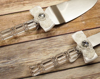 White Wedding Knife and Cake Server Set, Cake Cutter Cutting Set, Serving Set for Bridal Shower Wedding Gift K619