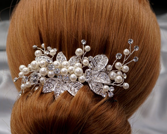 Elegant Bridal Silver and Pearl Hair Comb Silver Opal & Pearl Bridal Hair Comb | Elegant Wedding Hair  main image 2