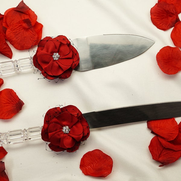 Red Wedding Knife and Cake Server Set, Cake Cutter Cutting Set, Serving Set for Bridal Shower Wedding Gift K704