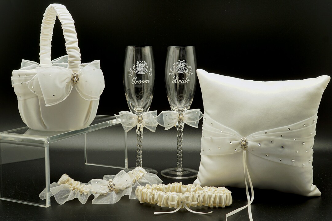 Ivory Wedding Accessories Set Ring Pillow, Basket, Champagne Flutes