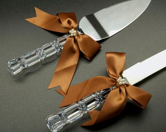 Brown Wedding Knife and Cake Server Set, Cake Cutter Cutting Set, Serving Set for Bridal Shower Wedding Gift K519