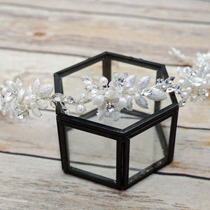 Silver Bridal Floral Hair Vine - Romantic Wedding Hairpiece - Vintage-Inspired Bridal Headpiece White Faux Pearls Porcelain Flowers (8691)