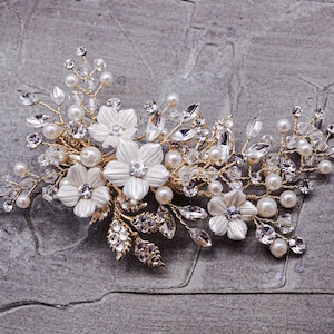 Gold Bridal Hairclip with Faux Rhinestones and Pearls- Elegant Wedding Hairpiece - Bridal Hairclip - Headpiece with Flowers - UC5022GD