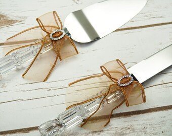 Light Brown Wedding Knife and Cake Server Set, Cake Cutter Cutting Set, Serving Set for Bridal Shower Wedding Gift K481