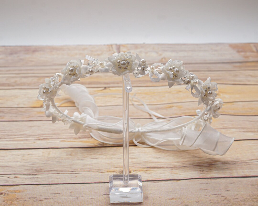 Ivory Pearl Flower Girl Wreath Flower Girl Ribbon Bow Etsy
