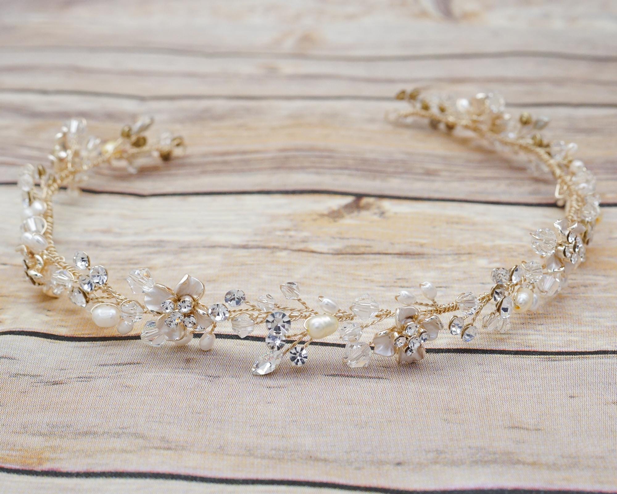 Gold Bridal Floral Hair Vine - Romantic Wedding Hairpiece - Vintage-Inspired Bridal Headpiece White Freshwater Pearls (8871)
