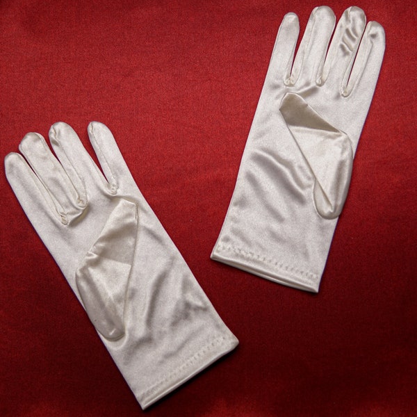 Girl's Ivory Satin Wrist Length Formal Gloves, Flower Girl Accessory, First Communion Gloves, School Dance Accessory, Costume Gloves