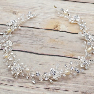 Silver Bridal Floral Hair Vine - Romantic Wedding Hairpiece - Vintage-Inspired Bridal Headpiece White Freshwater Pearls (8871)