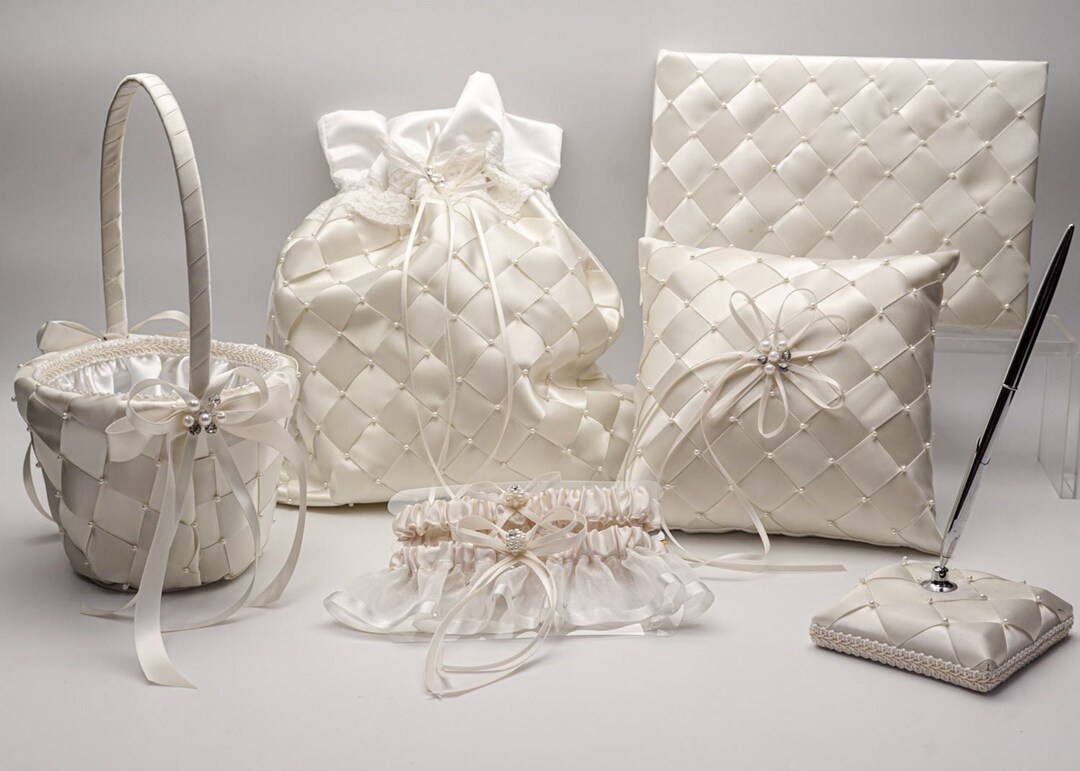 Ivory Wedding Accessories Set Ring Pillow, Basket, Guest Book, Pen