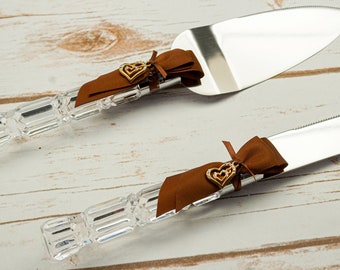 Gold and Brown Wedding Knife and Cake Server Set, Cake Cutter Cutting Set, Serving Set for Bridal Shower Wedding Gift K522