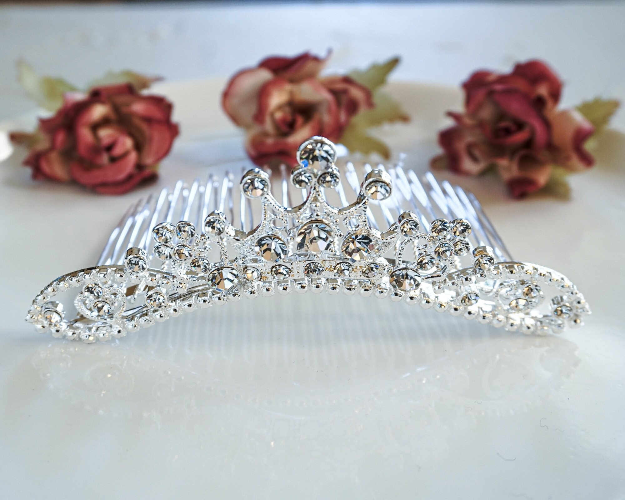 Silver Rhinestone Tiara Hair Comb, Flower Girl Accessory 