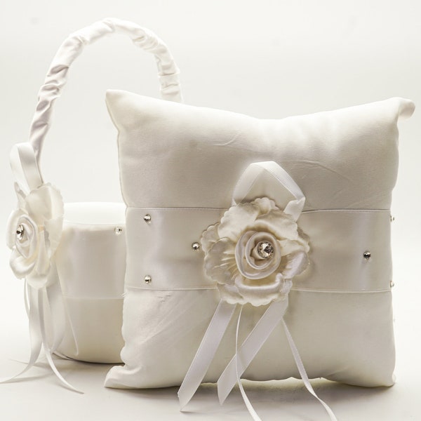 Ivory Flower Girl Basket, Wedding Basket, Ring Bearer Pillow Set GBK117