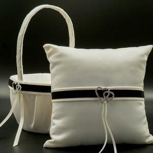 Ivory and Black Satin Flower Girl Basket, Wedding Basket, Ring Bearer Pillow Set - K492