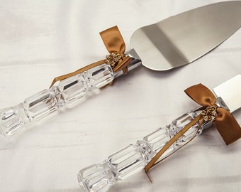 Tan Wedding Knife and Cake Server Set, Cake Cutter Cutting Set, Serving Set for Bridal Shower Wedding Gift K467