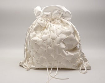 Ivory Satin Pearl Brides Money Bag, Satin Wedding Money Dance Bag, Bride Dance Bag, Wedding Dollar Dance Bag H385