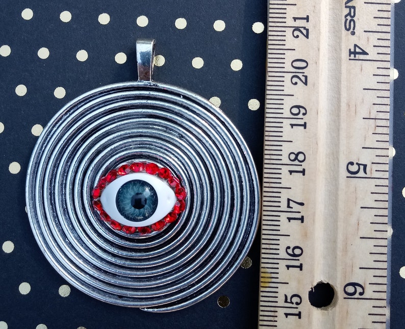 Creepy Doll Eye All-Seeing Eye Silver-Tone Metal Round Spiral Pendant with Doll Eye /& Czech Crystals ~ Friday the 13th Halloween Jewelry