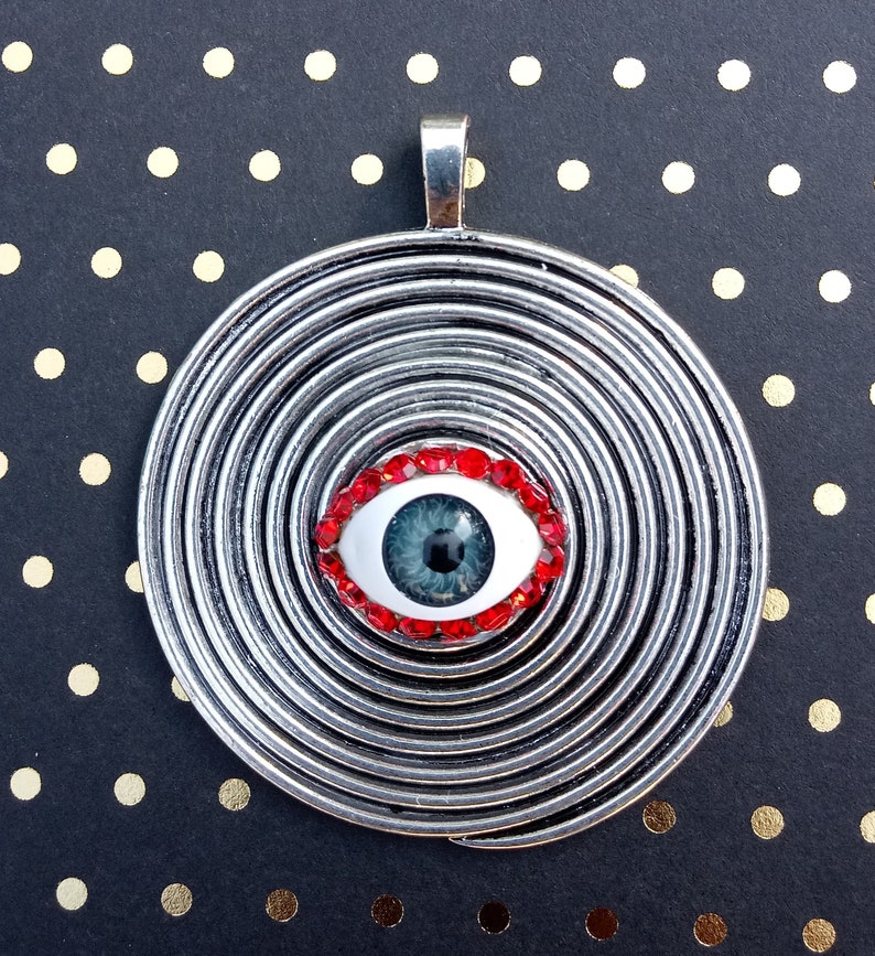 Creepy Doll Eye All-Seeing Eye Silver-Tone Metal Round Spiral Pendant with Doll Eye /& Czech Crystals ~ Friday the 13th Halloween Jewelry