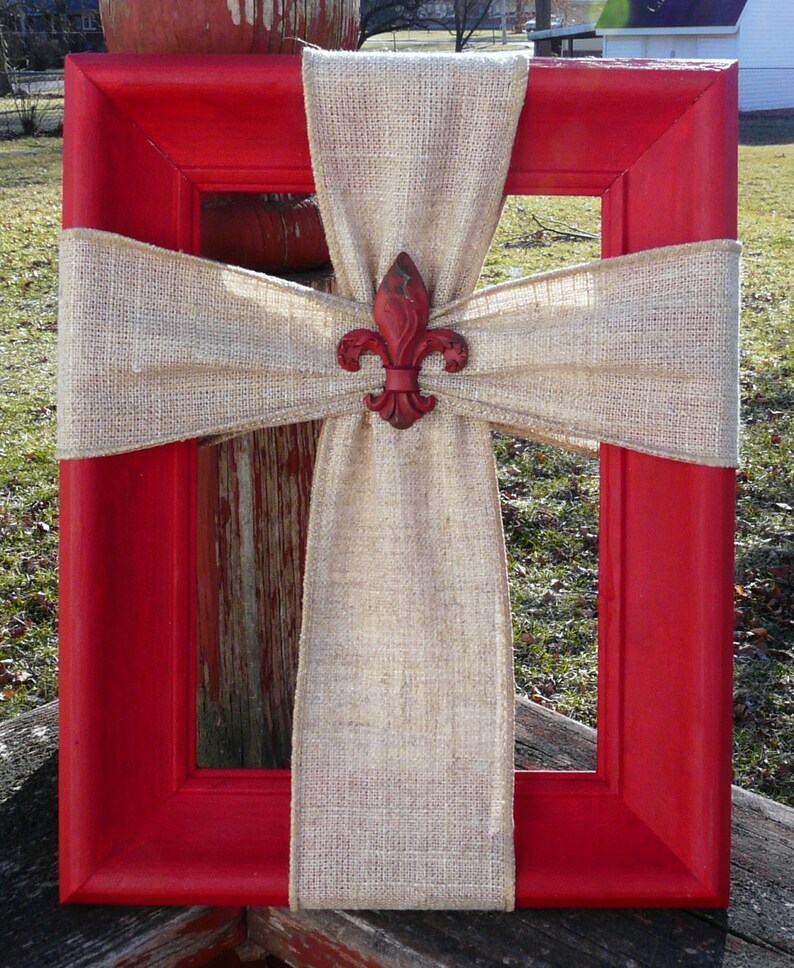 Burlap Cross Photo Frame 5x7 Wood With Ribbon Image 0