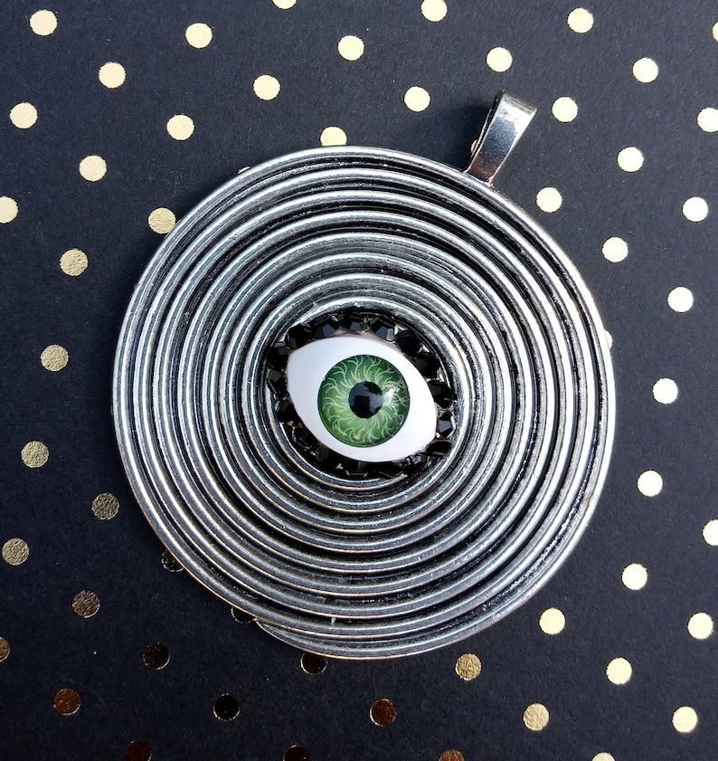 Creepy Doll Eye All-Seeing Eye Silver-Tone Metal Round Spiral Pendant with Doll Eye /& Czech Crystals ~ Friday the 13th Halloween Jewelry