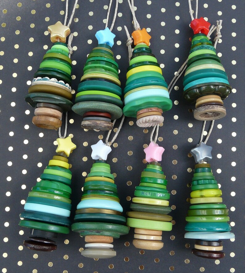 Set of 4 Button Christmas Tree Ornaments Variety of Green Etsy
