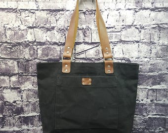 Everyday Tote COAL, Waxed Canvas and Leather, Hand made in BC, Canada