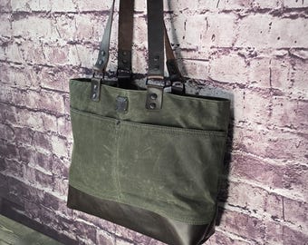 Forest Green Waxed Canvas Tote: Full Leather Bottom, Handmade in Canada