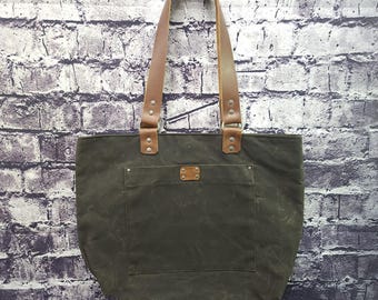 Everyday Tote OLIVE DRAB, Waxed Canvas and Leather, Hand made in BC, Canada