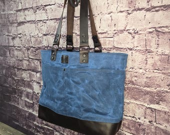 Blue Waxed Canvas Tote Bag: Full Grain Leather Bottom and handles, Handmade in Canada