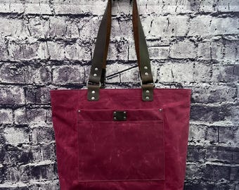 Everyday Tote MERLOT, Waxed Canvas and Leather, Hand made in BC, Canada
