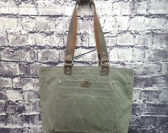 Everyday Tote STONE , Waxed Canvas and Leather, Hand made in BC, Canada
