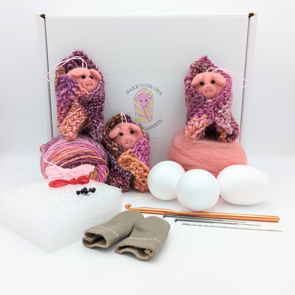 Make your own Pigs In Blankets Christmas Decoration complete craft kit using needle felt and crochet