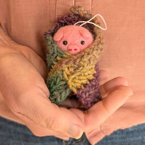 Handmade Pig in Blanket Christmas tree decoration, felt and crochet hanging ornament.