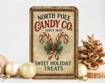 North Pole Candy Co - Metal Home Decor Sign | 12x18 inches