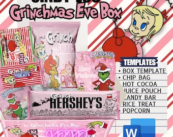 May include: A pink and green Grinchmas Eve Box printable template set with a pink background and red and white stripes. The set includes templates for a box, chip bag, hot cocoa, juice pouch, candy bar, rice treat, and popcorn. The text "Grinchmas Eve Box" is written in pink letters with a pink heart and the word "POP" in pink letters. The text "TEMPLATES" is written in black letters. The text "Cindy Lou" is written in black letters. The text "Grinch" is written in green letters. The text "Hershey's" is written in white letters. The text "Caprisun" is written in white letters. The text "Merry Christmas" is written in white letters. The text "Swiss Miss" is written in white letters. The text "Rice Krispies Treats" is written in white letters. The text "Pop Corn" is written in white letters.
