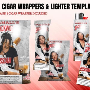 Puede incluir: Plantilla de envolturas de cigarros y encendedor con la marca "Russian Cream". El diseño incluye imágenes de personas, cigarros y texto. La plantilla incluye 5 envolturas de cigarros y 1 diseño de encendedor.