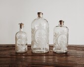 Vintage 60s Apothecary Bottles, Etched French Glass, Graduated Pair of 3
