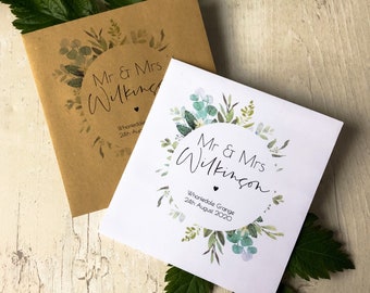 10x Foliage Greenery Style Personalised Wedding Favour Envelopes with optional Wildflower Seeds