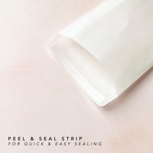 May include: A translucent white glassine envelope featuring a peel and seal strip for closure. The text PEEL & SEAL STRIP FOR QUICK & EASY SEALING is printed in black at the bottom of the image, highlighting the functional adhesive feature.