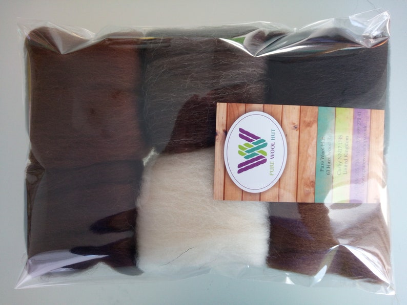 Brown sets Pure Merino Wool for Needle and Wet Felting: brown shades natural brown and natural white, packs of 30, 60 or 90 g 30 g