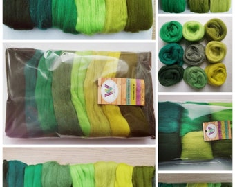 Green sets*Pure Merino Wool for Needle and Wet Felting: willow, bottle, forest ,olive green, packs of 30, 60 or 90 g