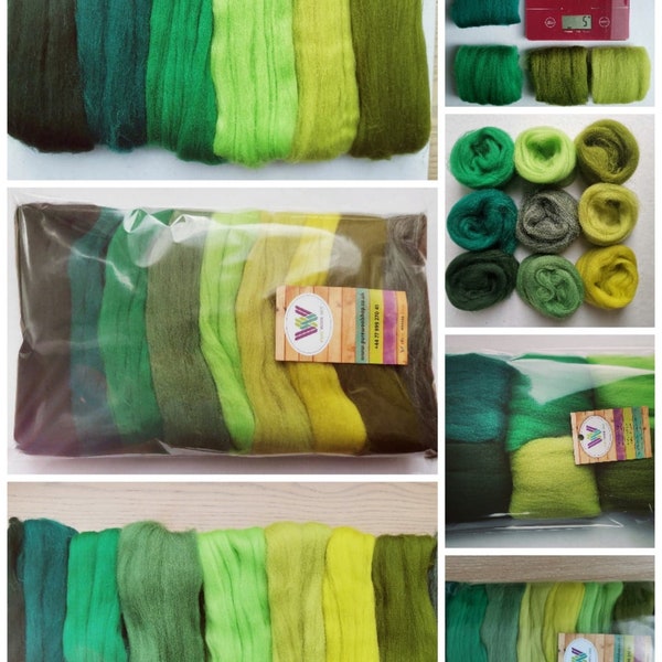 Green sets*Pure Merino Wool for Needle and Wet Felting: willow, bottle, forest ,olive green, packs of 30, 60 or 90 g