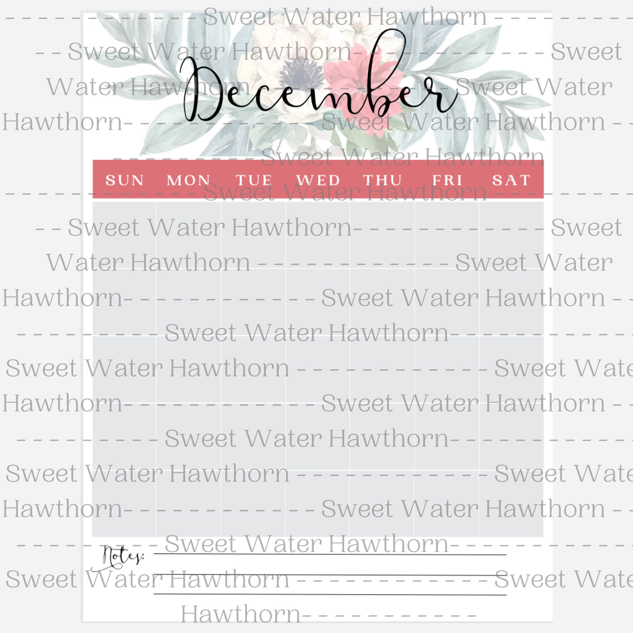 PRINTABLE Blank Floral Watercolor Calendar, INSTANT Download, Sunday ...