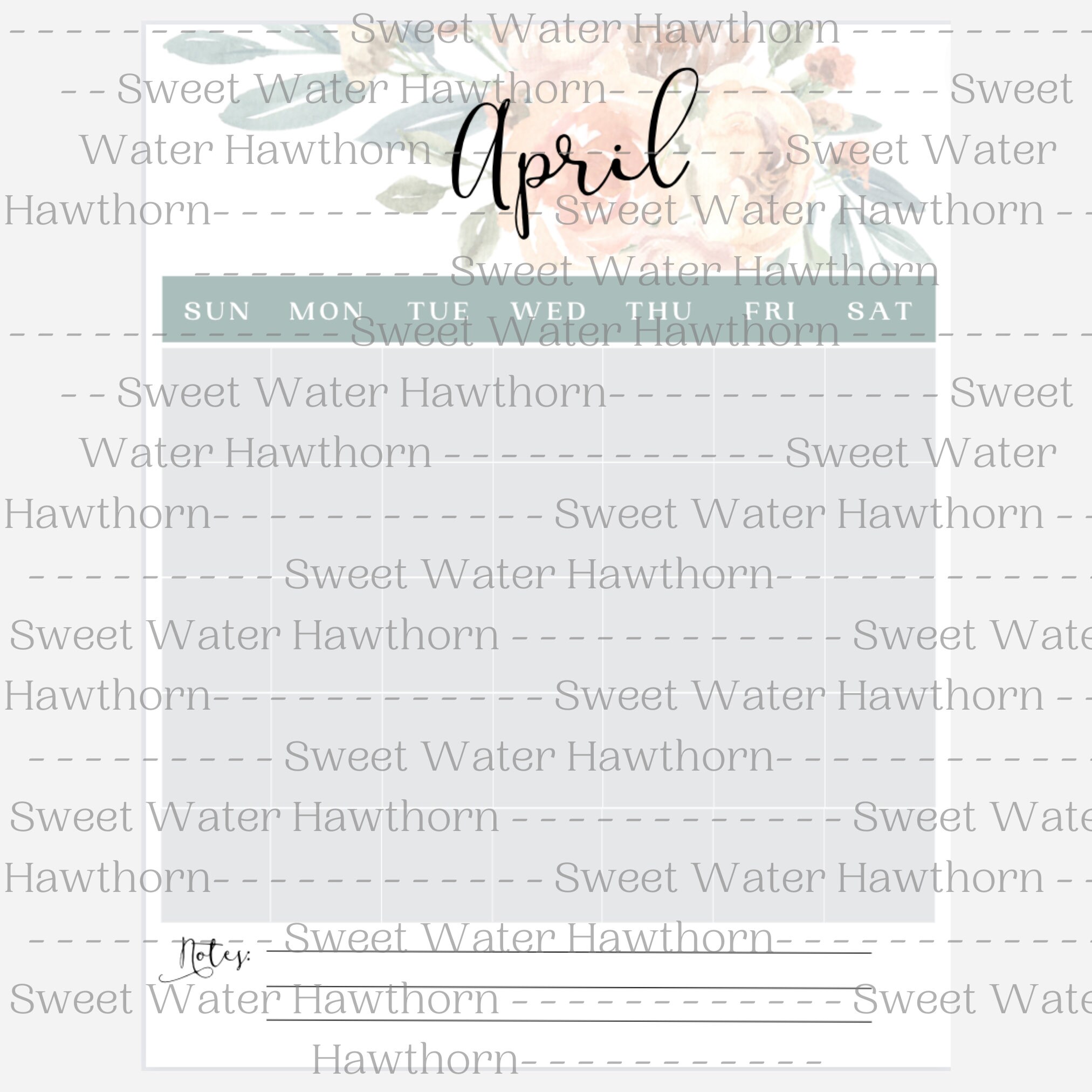 PRINTABLE Blank Floral Watercolor Calendar, INSTANT Download, Sunday ...