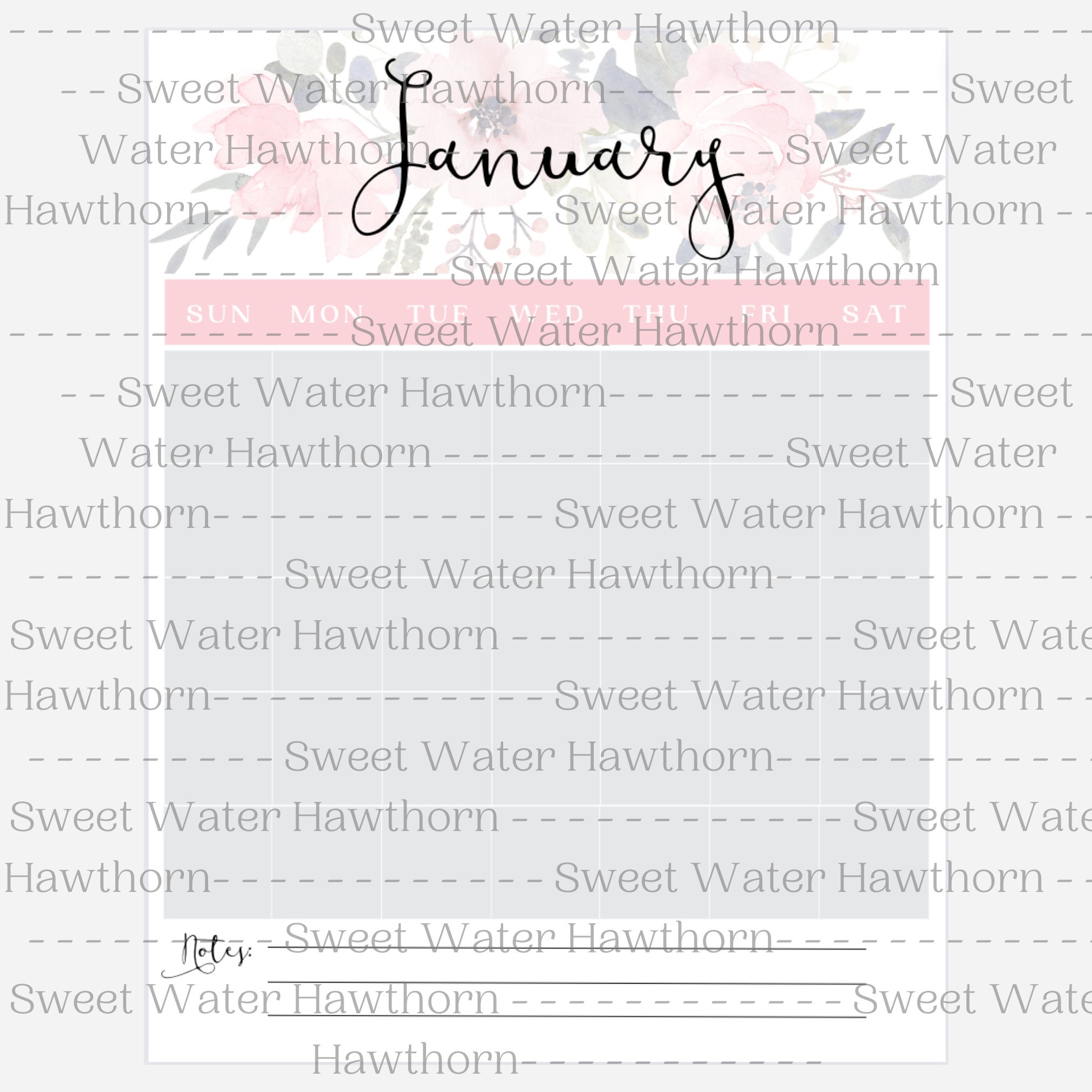 PRINTABLE Blank Floral Watercolor Calendar, INSTANT Download, Sunday ...