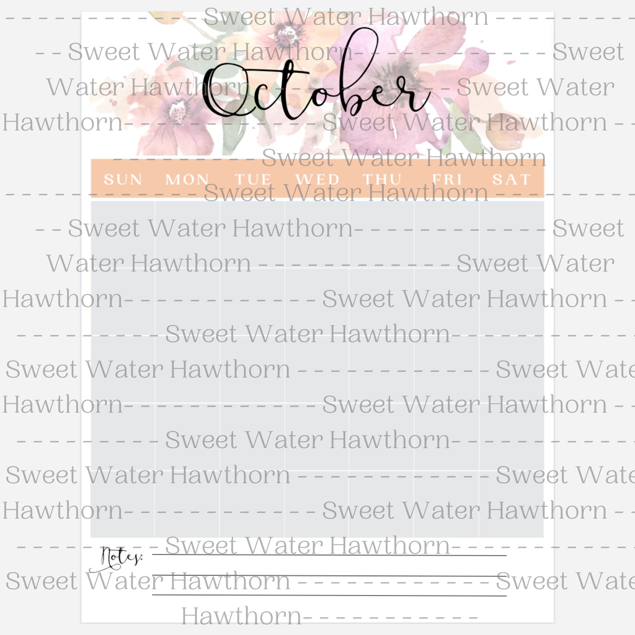 PRINTABLE Blank Floral Watercolor Calendar, INSTANT Download, Sunday ...