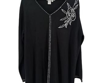 Brownstone Studio NY Womens 2X Black Sweater 3D Floral Applique V Neck Artwear