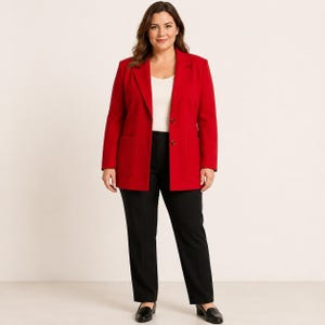 May include: A bright red blazer with a notched lapel and two front buttons, worn over a simple white top paired with black trousers and black loafers. The blazer features two large patch pockets on the front and long sleeves with a structured fit.