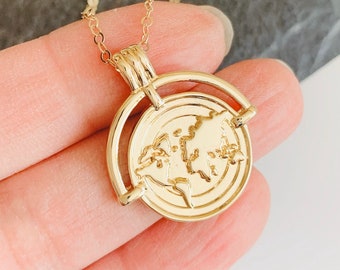 Gold Coin Necklace World Map Necklace Traveler Pendant Necklace, 14K Gold Filled Earth Globe Necklace Coin Medallion Necklace Gift for Her