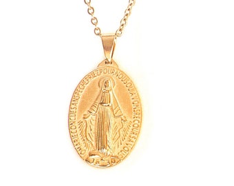 Virgin Mary Gold Coin Pendant Necklace: Religious Gift