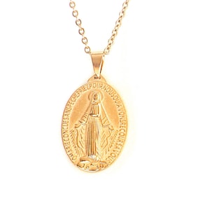 Virgin Mary Gold Coin Pendant Necklace: Religious Gift